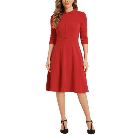 INSPIRE CHIC Women's Vintage Dress 3/4 Sleeves Stand Collar Office A-Line Dress L Red