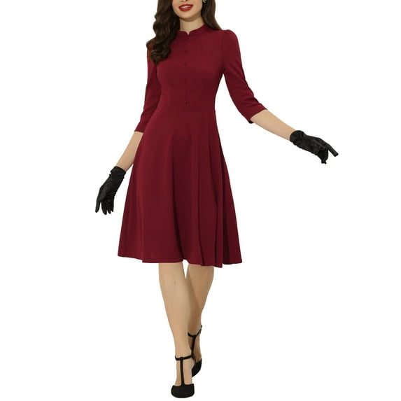 INSPIRE CHIC Women's Vintage Dress 3/4 Sleeves Stand Collar Office A-Line Dress L Wine Red