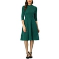 thumbnail image 1 of INSPIRE CHIC Women's Vintage Dress 3/4 Sleeves Stand Collar Office A-Line Dress XS Dark Green, 1 of 7