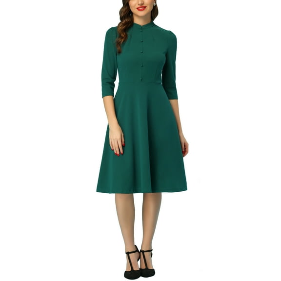 INSPIRE CHIC Women's Vintage Dress 3/4 Sleeves Stand Collar Office A-Line Dress XL Dark Green