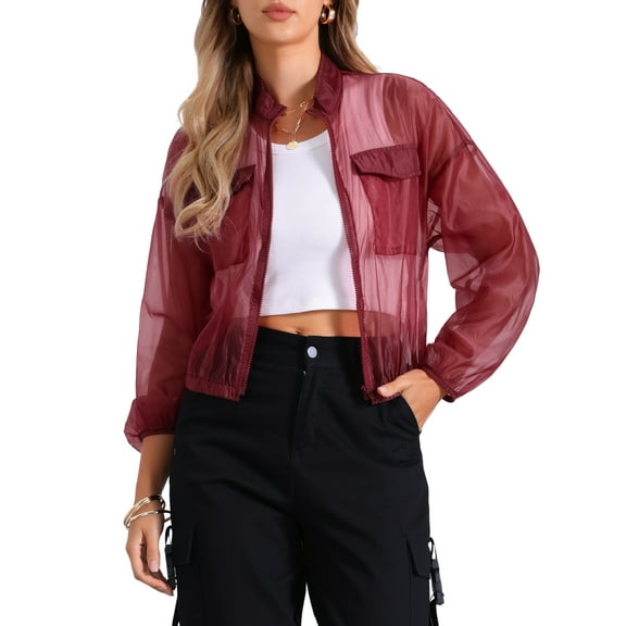 INSPIRE CHIC Sheer Bomber Jacket for Women's Zip Up Long Sleeve See Through Jackets S Wine Red