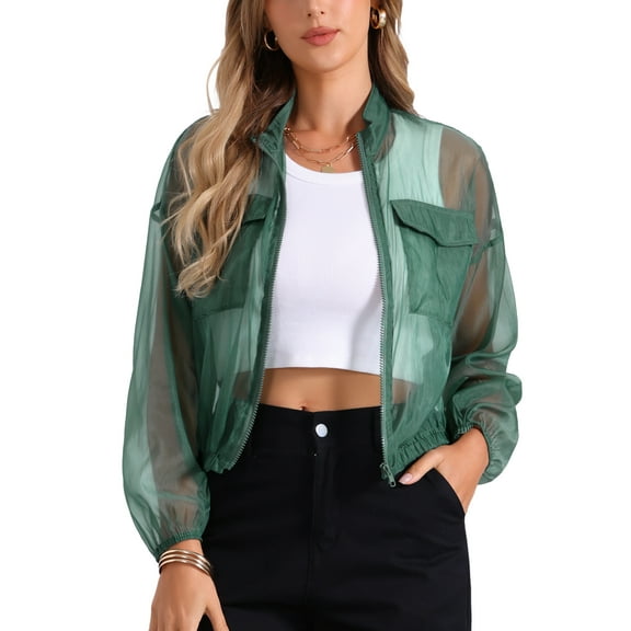 INSPIRE CHIC Sheer Bomber Jacket for Women's Zip Up Long Sleeve See Through Jackets XS Green