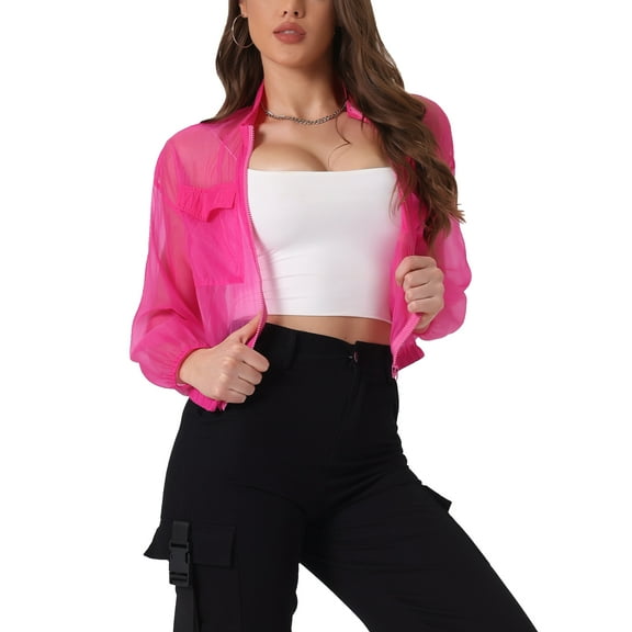 INSPIRE CHIC Sheer Bomber Jacket for Women's Zip Up Long Sleeve See Through Jackets S Hot Pink