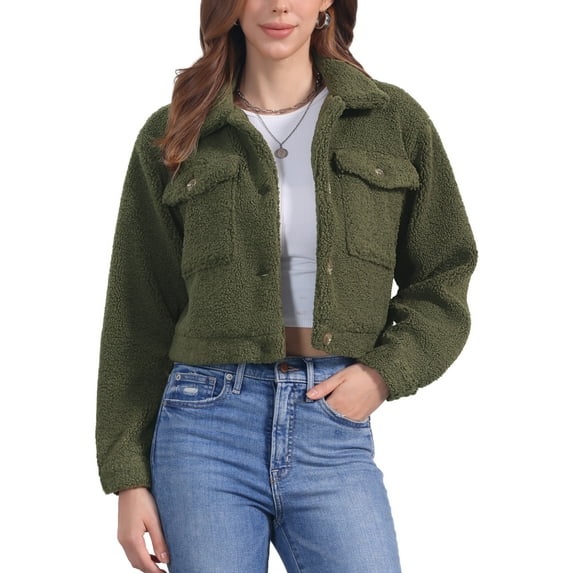 INSPIRE CHIC Short Jacket for Women's Faux Fur Lapel Button Down Casual Long Sleeve Jackets XL Army Green