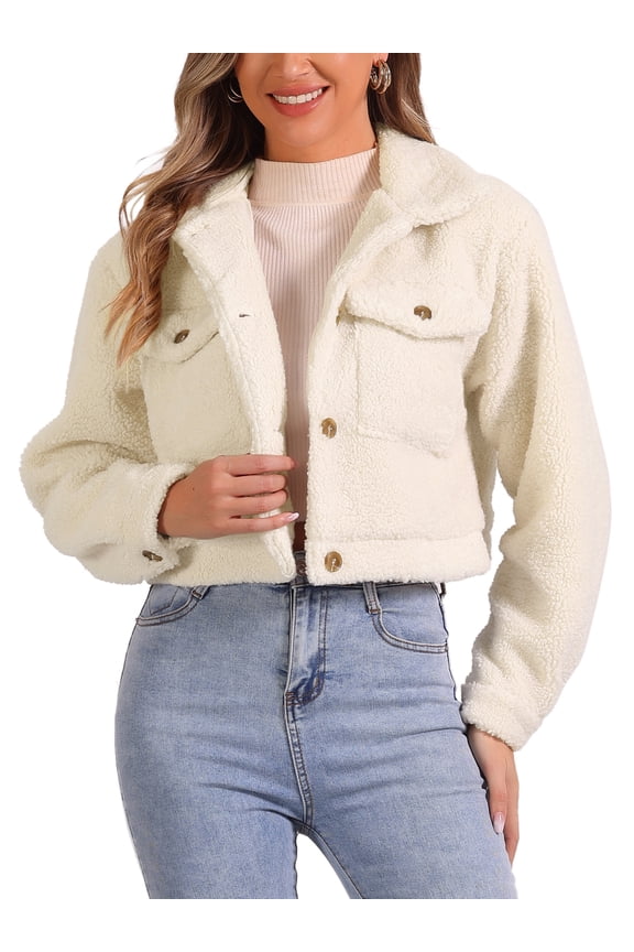 Short Jacket for Women's Faux Fur Lapel Button Down Casual Long Sleeve Jackets M Beige