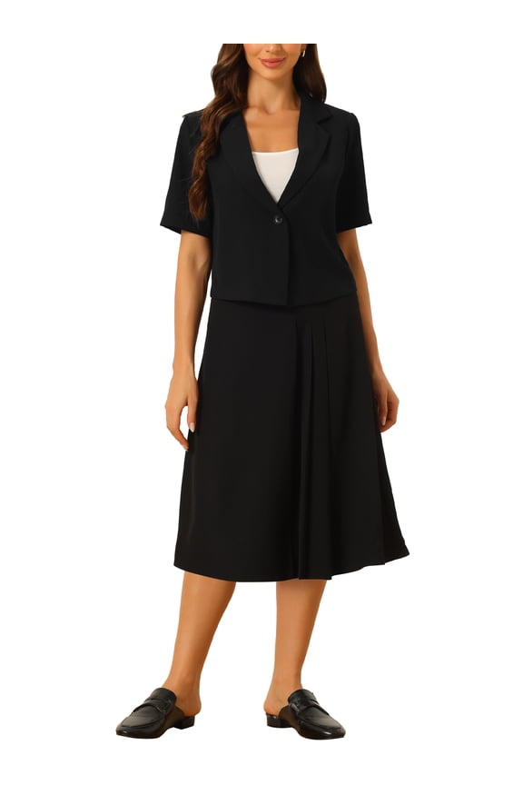 Short Sleeve Blazer Skirt Suits for Women's Summer Dressy Business Casual Skirt Suit Set M Black