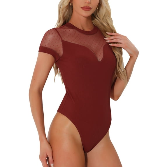 INSPIRE CHIC Short Sleeve Bodysuit for Women's Mesh Panel V Neck Casual Knit Top