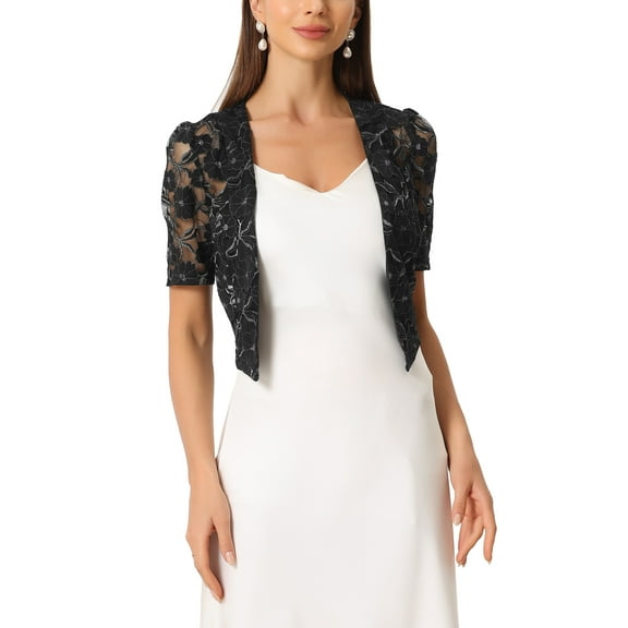 INSPIRE CHIC Short Sleeve Cardigan for Women's Lace Lightweight Crop Cardigan Shiny Silver Printed Sheer Shrug Top Black XS