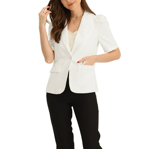 INSPIRE CHIC Short Sleeve Casual Blazer for Women's Lapel Collar Buttoned Summer Work Office Jacket White XS