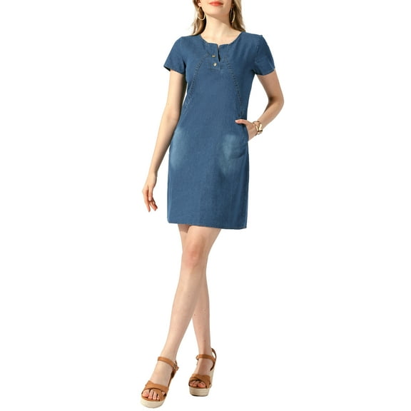 INSPIRE CHIC Short Sleeve Denim Dresses for Women's Side Pockets Button Down Summer Jean Dress