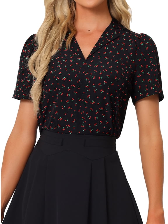 V Neck Tops for Women's Elegant Casual Cherry Print Notch Lapel Summer Short Sleeve Blouse L Black