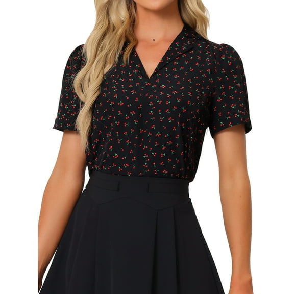INSPIRE CHIC V Neck Tops for Women's Elegant Casual Cherry Print Notch Lapel Summer Short Sleeve Blouse XS Black