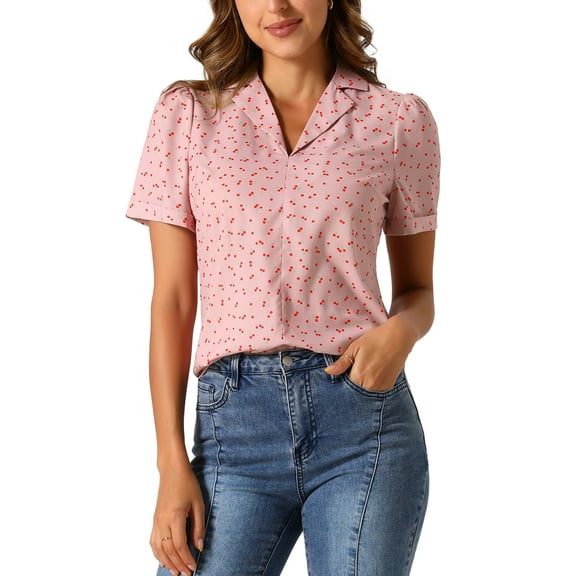 INSPIRE CHIC V Neck Tops for Women's Elegant Casual Cherry Print Notch Lapel Summer Short Sleeve Blouse XS Pink