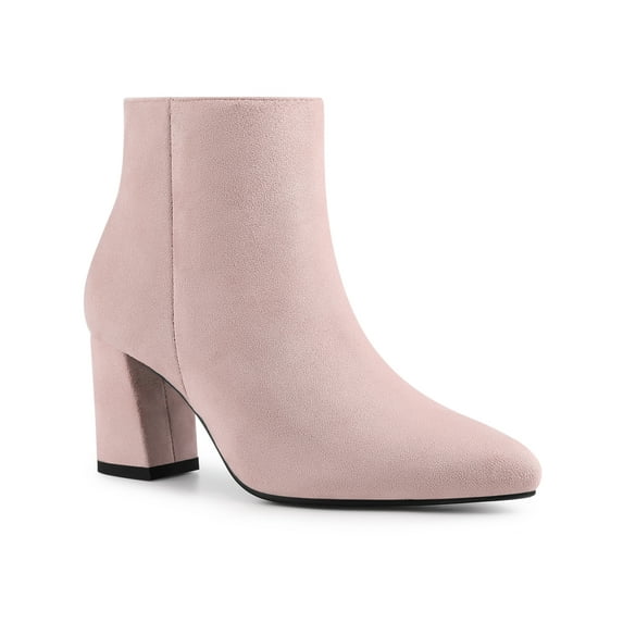 BLISSFUL STEP Women's Pointy Toe Side Zip Block Heels Ankle Boots Dust Pink 9