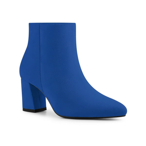 BLISSFUL STEP Women's Pointy Toe Side Zip Block Heels Ankle Boots Royal Blue 9.5