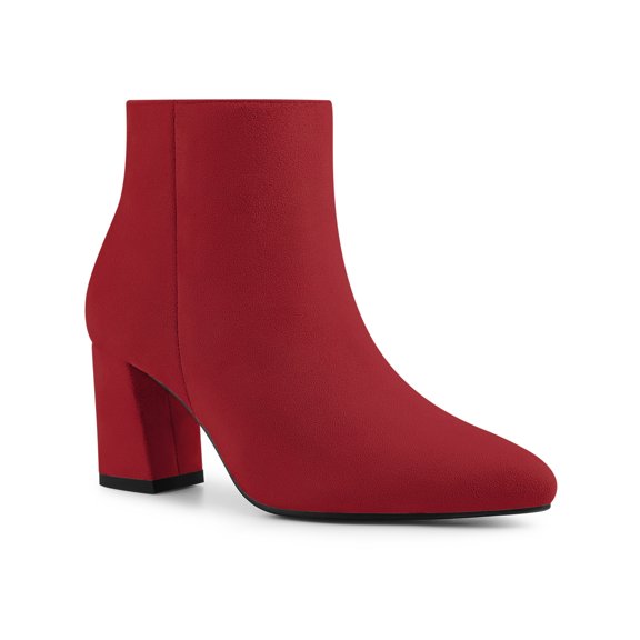 BLISSFUL STEP Women's Pointy Toe Side Zip Block Heels Ankle Boots Red 9