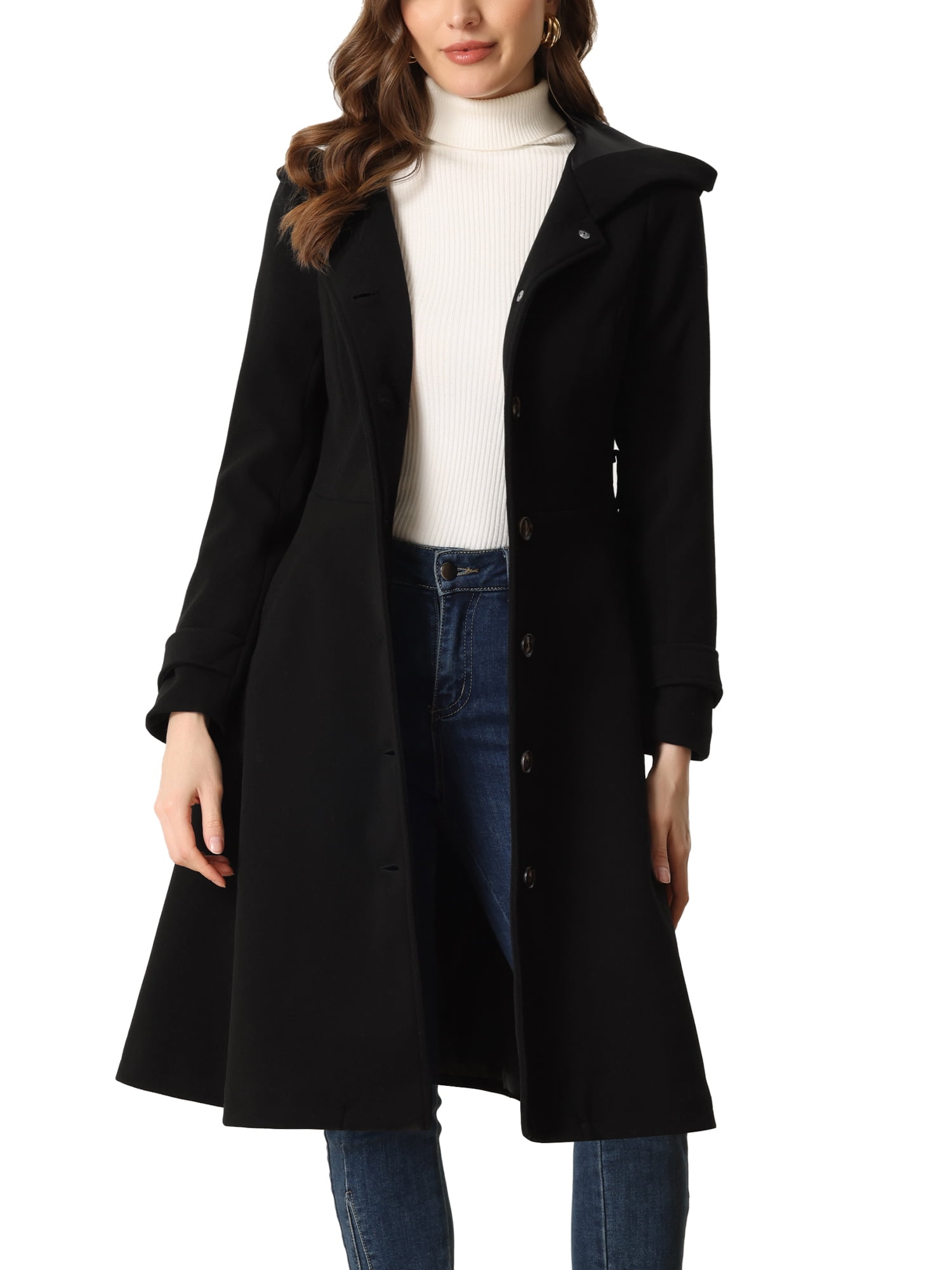 Allegra K Giacca Lunga Donna - Cappotto Trench Doppiopetto Con Bavero, Colore Nero, Maniche Lunghe, Per Lavoro E Ufficio - 3