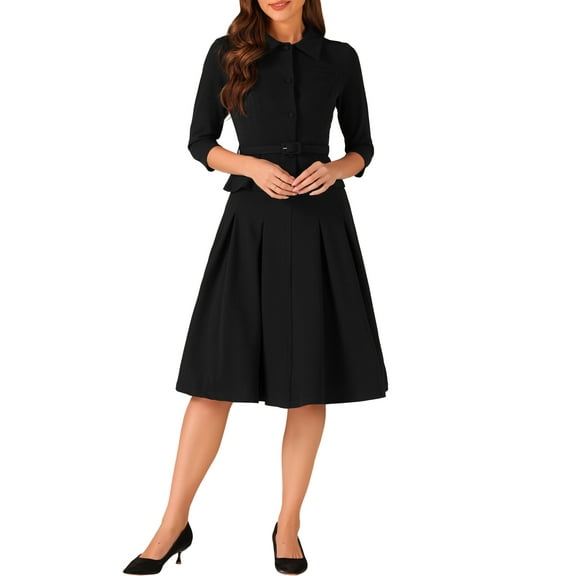 INSPIRE CHICBusiness Skirt Suit Sets for Women's 2 Piece Outfits Office 3/4 Sleeve Blazer Jacket Pleated Skirts L Black