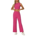 thumbnail image 1 of INSPIRE CHIC Sleeveless 2pc Outfit for Women's Crop Tank Top and Wide Leg Pants Casual Tracksuit Set Hot Pink L, 1 of 5