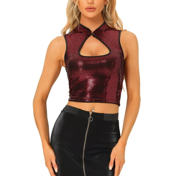 INSPIRE CHIC Sleeveless Cut Out Front Crop Tank Top for Women's Slim Fitted Sequins Top M Red