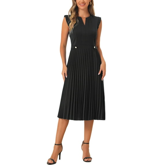 INSPIRE CHIC Sleeveless Dress for Women's Casual V Neck Button Pleated Midi Dress M Black
