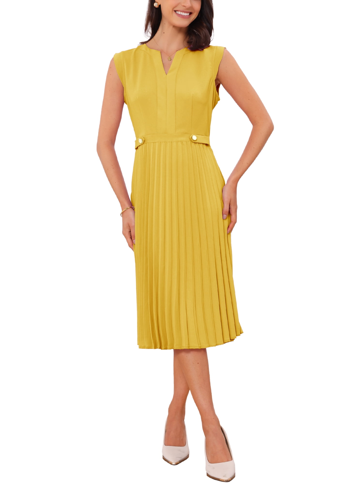 Inspire Chic Sleeveless Dress for Women's Casual V Neck Button Pleated Midi Dress S Ginger, Size: Small, Orange Inspire Chic Sleeveless Dress for Women's Casual V Neck Button Pleated Midi Dress S Ginger, Size: Small, Orange