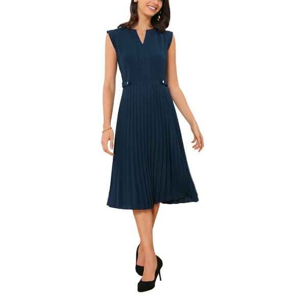 INSPIRE CHIC Sleeveless Dress for Women's Casual V Neck Button Pleated Midi Dress XL Deep Blue