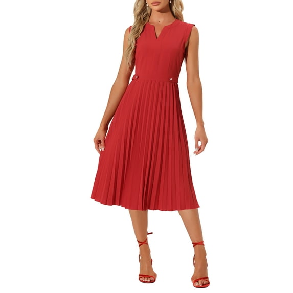 INSPIRE CHIC Sleeveless Dress for Women's Casual V Neck Button Pleated Midi Dress XS Red