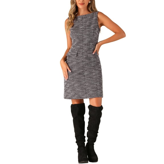 INSPIRE CHIC Sleeveless Dress for Women's Tweed Pockets Crew Neck Mini Dresses