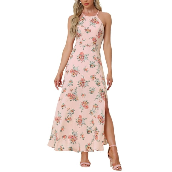 INSPIRE CHIC Sleeveless Floral Dress for Women’s Round Neck Slit Hem Summer Long Dresses Pink S