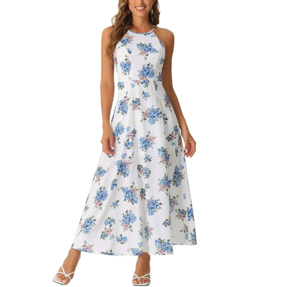 INSPIRE CHIC Sleeveless Floral Dress for Women’s Round Neck Slit Hem Summer Long Dresses White L