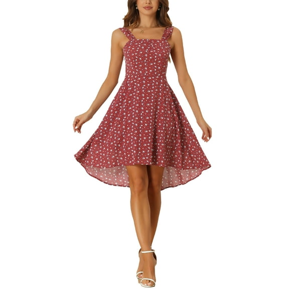 INSPIRE CHIC Sleeveless Floral Dresses for Women's Square Neck Smocked Summer Boho Dress XS Red