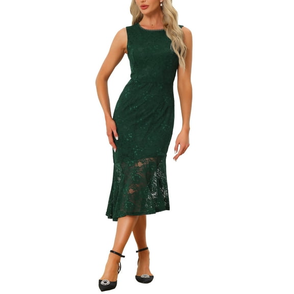 INSPIRE CHIC Sleeveless Lace Dress for Women's Cocktail Asymmetric Hem Fishtail Ruffles Dresses XL Dark Green