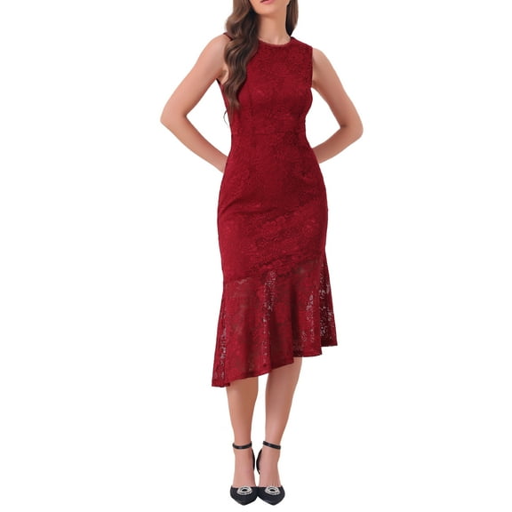 INSPIRE CHIC Sleeveless Lace Dress for Women's Cocktail Asymmetric Hem Fishtail Ruffles Dresses XS Red