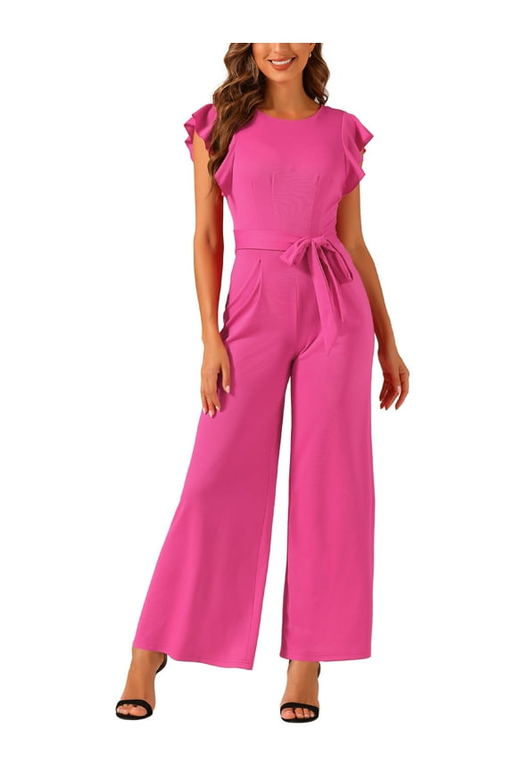Sleeveless Ruffle Jumpsuits for Women's High Waist Wide Legs Belted Romper