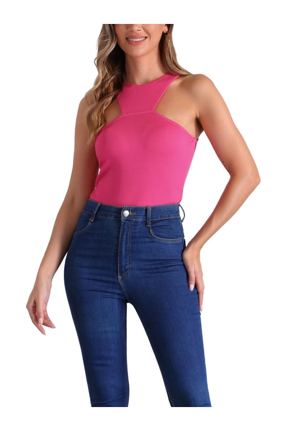 Sleeveless Bodysuit for Women's Asymmetrical Halter Neck Tank Top S Hot Pink