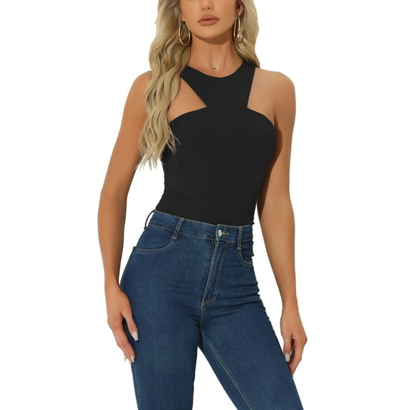 INSPIRE CHIC Sleeveless Bodysuit for Women's Asymmetrical Halter Neck Tank Top XS Black