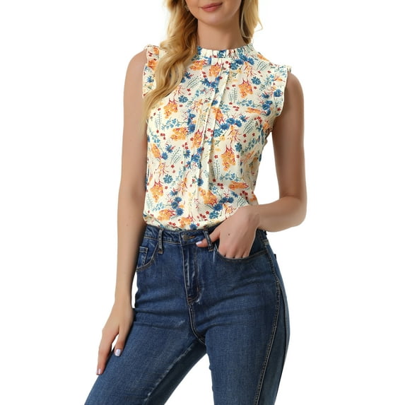 INSPIRE CHIC Women's Sleeveless Top Ruffled Business Office 1950s Vintage Floral Blouses M White Blue-Floral