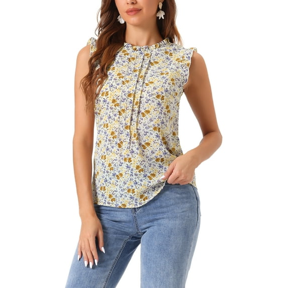 INSPIRE CHIC Women's Sleeveless Top Ruffled Business Office 1950s Vintage Floral Blouses S Beige Purple-Floral