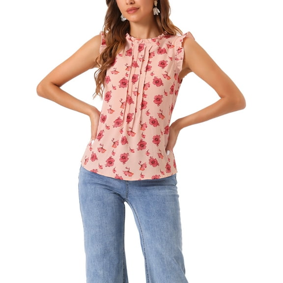 INSPIRE CHIC Women's Sleeveless Top Ruffled Business Office 1950s Vintage Floral Blouses M Pink-Floral