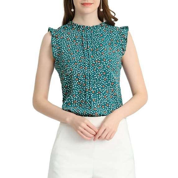 INSPIRE CHIC Women's Sleeveless Top Ruffled Business Office 1950s Vintage Floral Blouses XS Blue Green-Floral