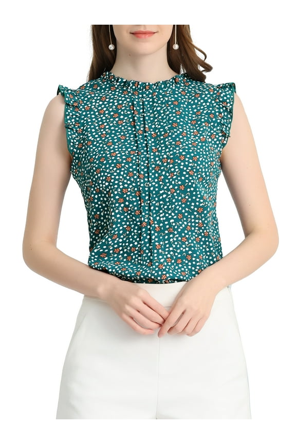 Women's Sleeveless Top Ruffled Business Office 1950s Vintage Floral Blouses XL Blue Green-Floral