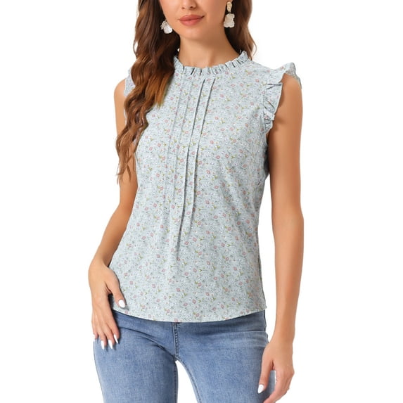 INSPIRE CHIC Women's Sleeveless Top Ruffled Business Office 1950s Vintage Floral Blouses M Light Blue-Floral