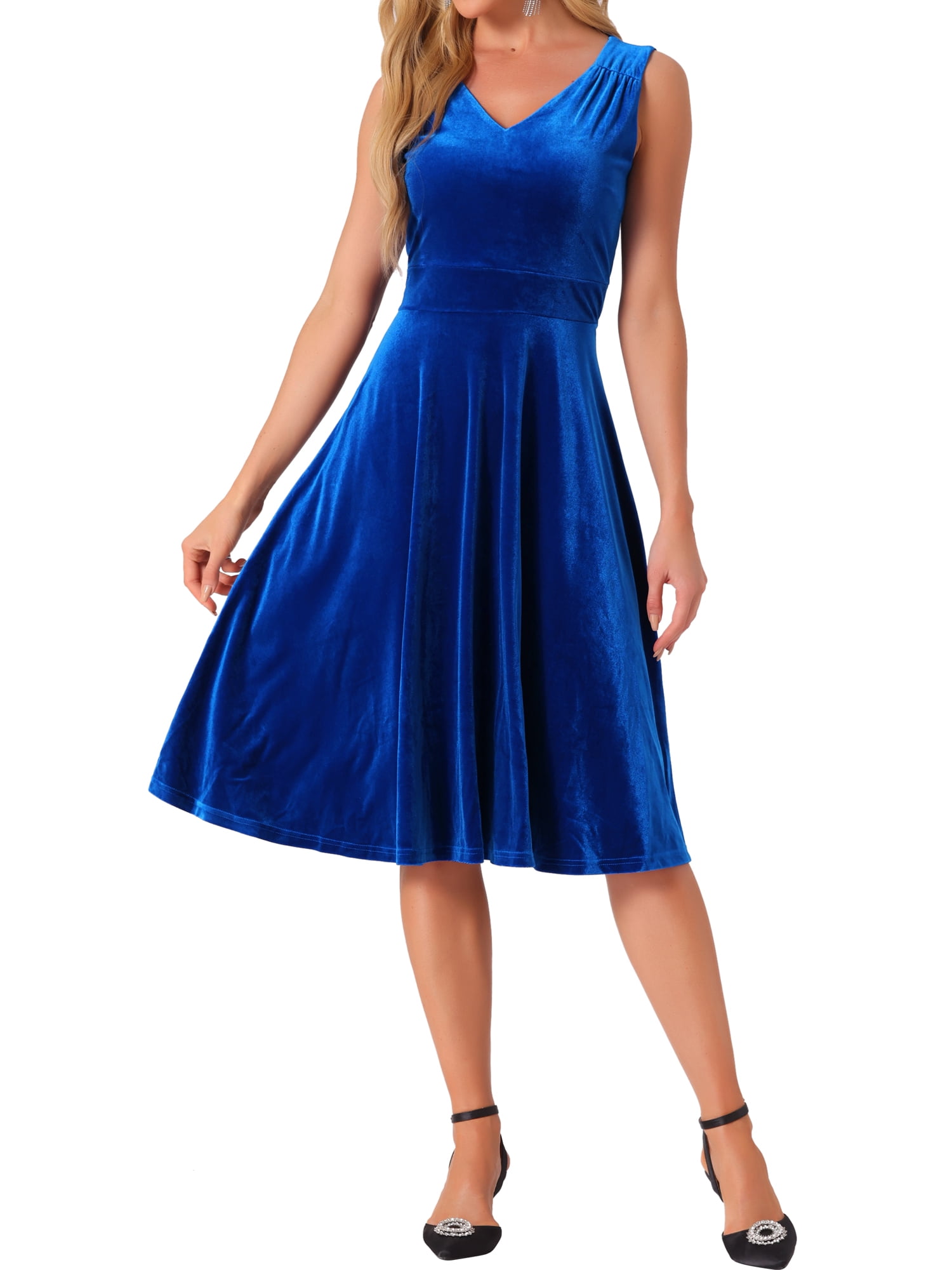 Inspire Chic Women's Dress Sleeveless Velvet High Waist V Neck A-Line Cocktail Midi Dresses S Royal Blue Inspire Chic Women's Dress Sleeveless Velvet High Waist V Neck A-Line Cocktail Midi Dresses S Royal Blue