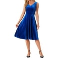 thumbnail image 1 of INSPIRE CHIC Women's Dress Sleeveless Velvet High Waist V Neck A-Line Cocktail Midi Dresses M Royal Blue, 1 of 6