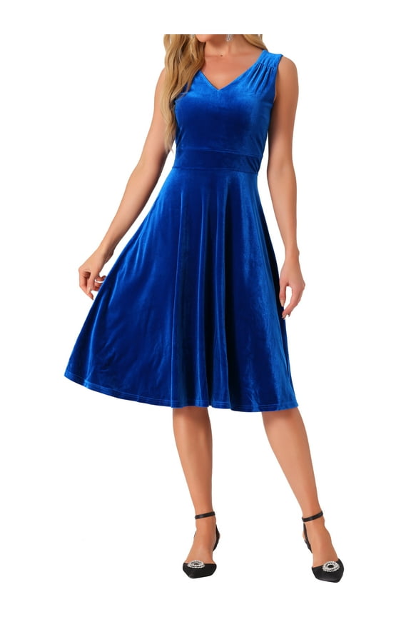 Women's Dress Sleeveless Velvet High Waist V Neck A-Line Cocktail Midi Dresses L Royal Blue