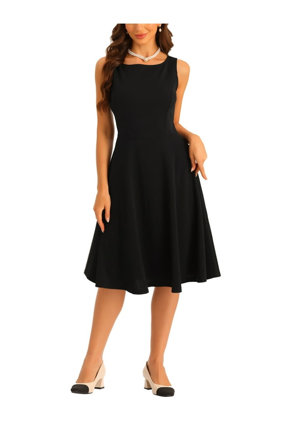Sleeveless Work Dress for Women's Boat Neck High Waist Fit and Flare Dresses