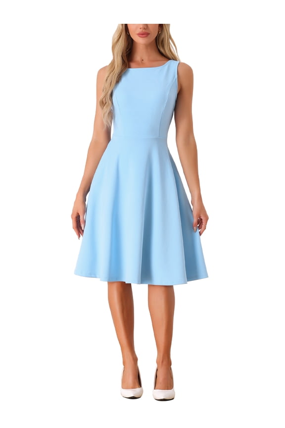 Sleeveless Work Dress for Women's Boat Neck High Waist Fit and Flare Dresses