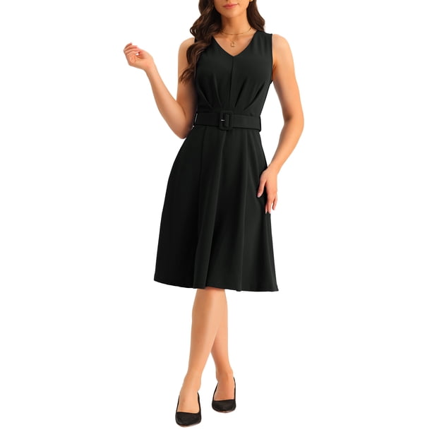 INSPIRE CHIC Sleeveless Work Dresses for Women's V-Neck Below Knee Length Belted A-Line Dress