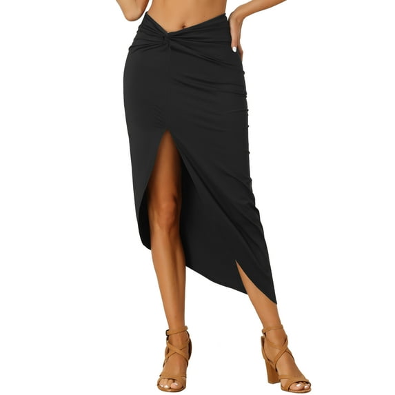 INSPIRE CHIC Slit Front Skirts for Women's Irregular Ruched Elastic High Waist Solid Midi Skirt XS Black